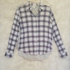Anthropologie White Crow  Plaid Button Up Shirt Sheer Back Blue Womens Size M